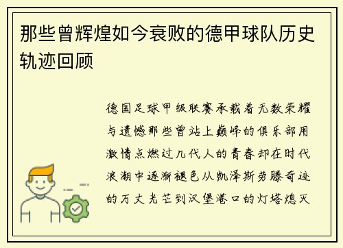 那些曾辉煌如今衰败的德甲球队历史轨迹回顾