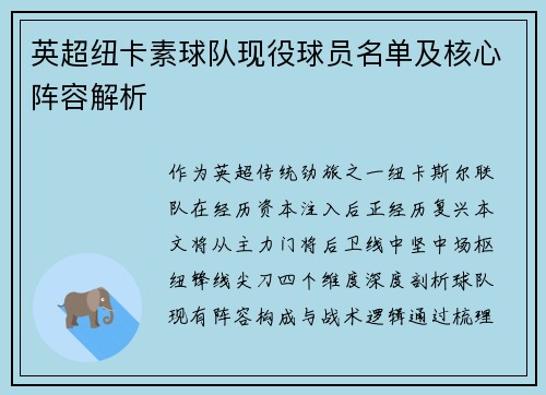 英超纽卡素球队现役球员名单及核心阵容解析